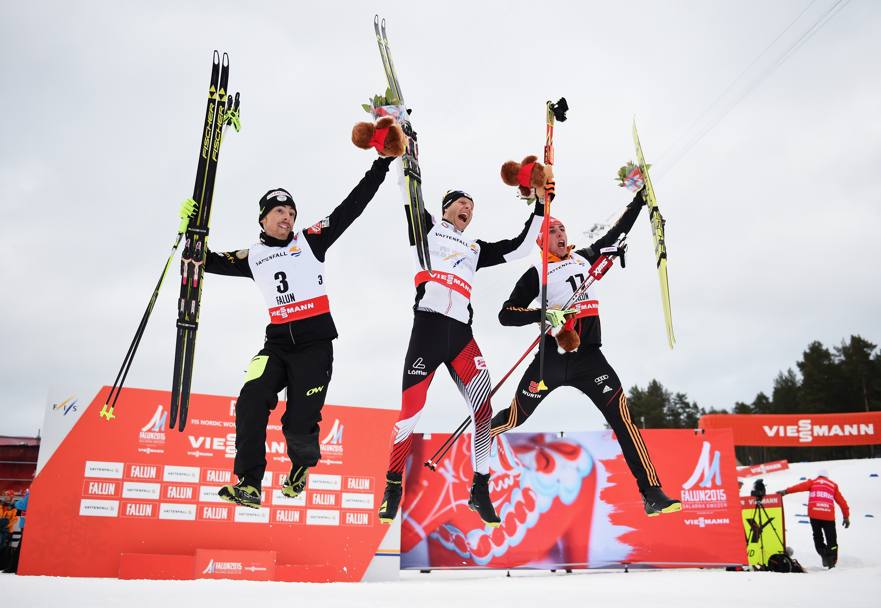 Mondiali di sci nordico a Falun. La gioia dei vincitori della combinata 10 km maschile (Getty Images) 